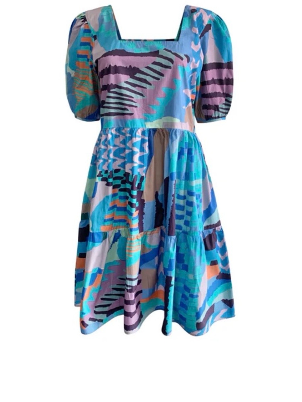 Square Neck Puff Sleeve Blue Multi-Print Women's Dress
